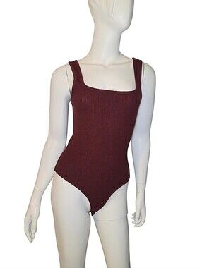 Square Neck Ribbed Bodysuit in Maroon Size M